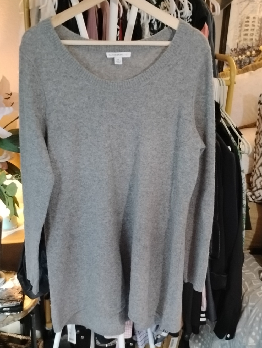 100% CASHMERE Cozy Women's Gray Scoop-Neck Sweater Dress Tunic - Picture 2 of 8